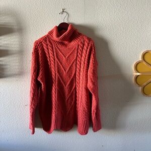 ORANGE CHUNKY KNIT TURTLENECK sweater cable knit size M fits S-L